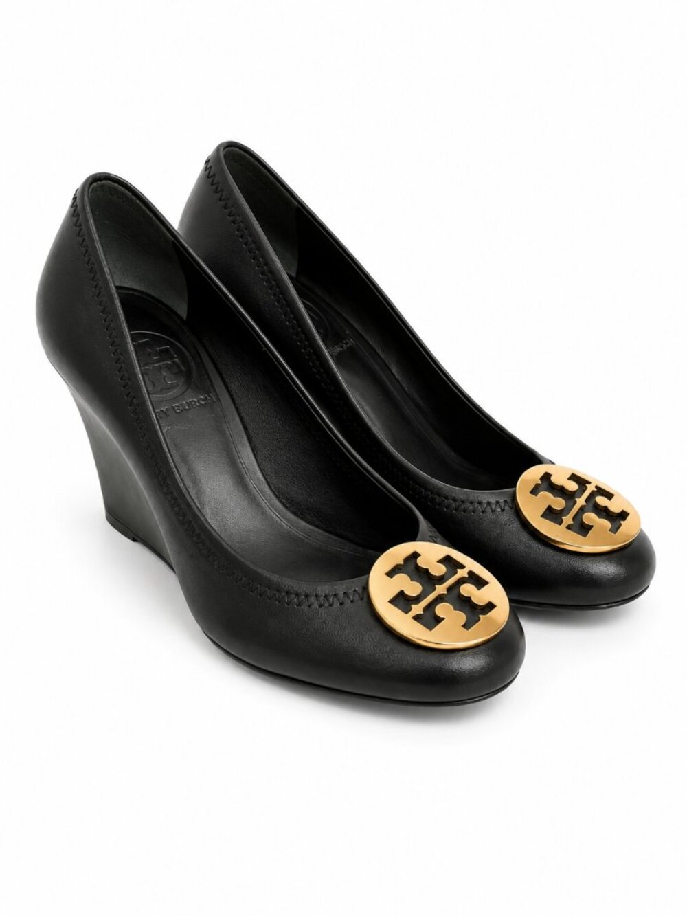 Tory Burch Black Leather Logo Medallion Wedge Heels Pumps Gold Size 6.5